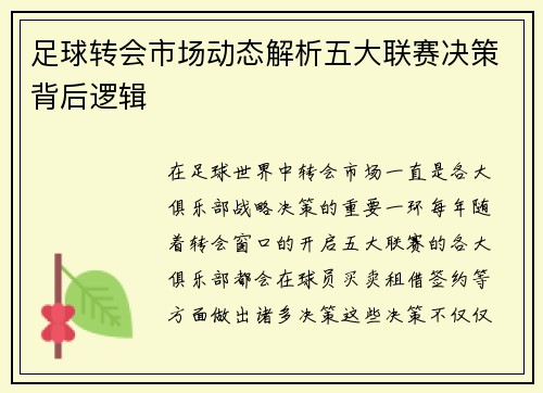 足球转会市场动态解析五大联赛决策背后逻辑